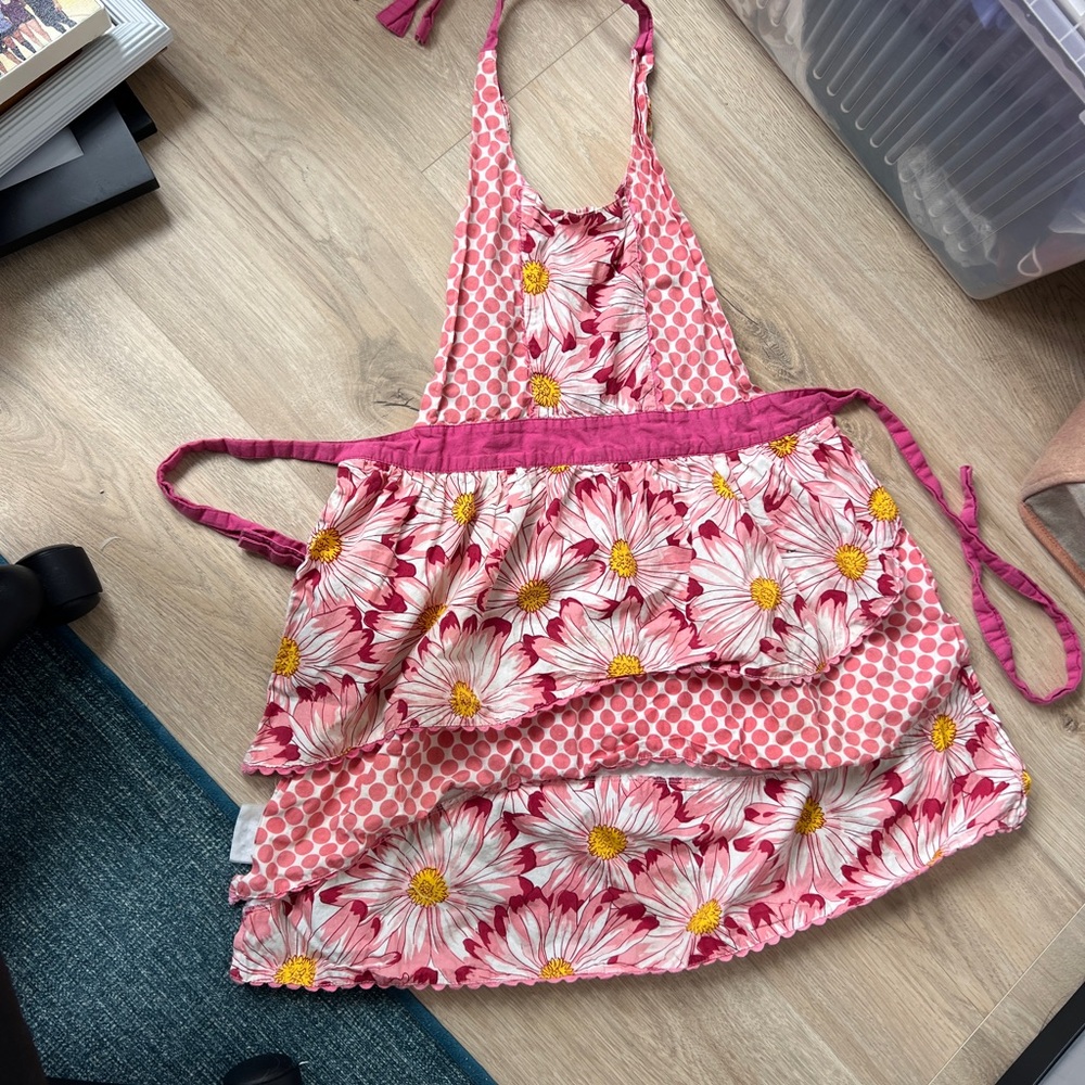 Anthro Floral Pink Apron with Yellow Accents
